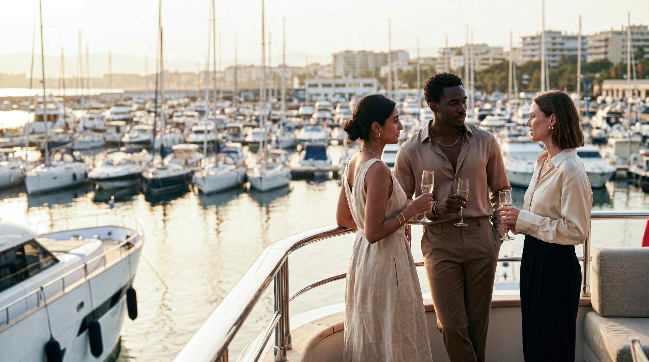 A couple enjoying champagne in a harbor.